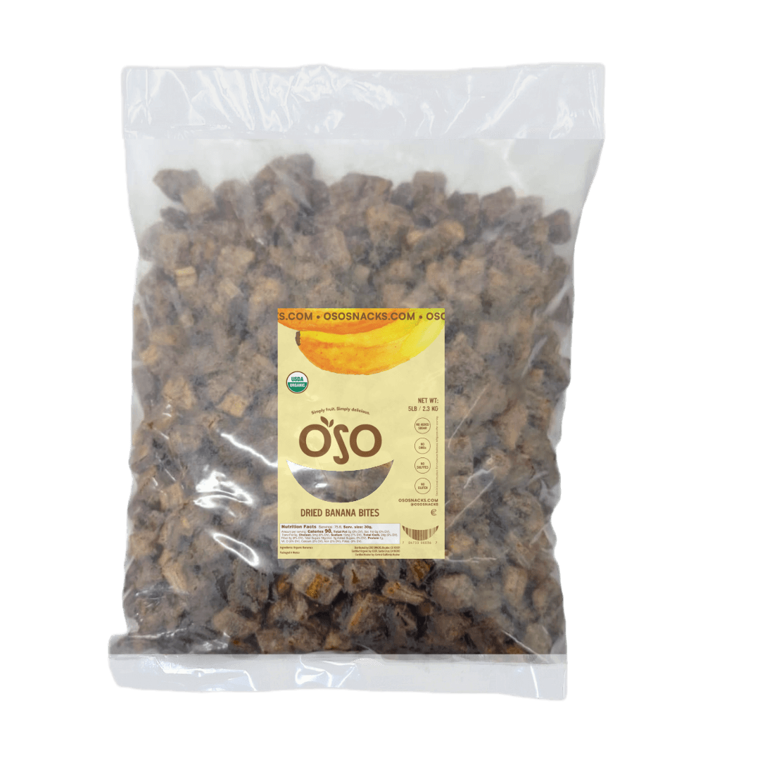 Dried organic banana bits in a 5LB bulk bag, naturally sweet and preservative-free, perfect healthy snack.