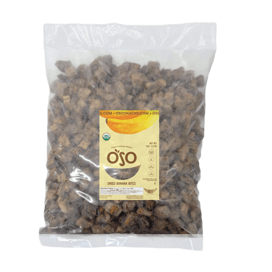 Dried organic banana bits in a 5LB bulk bag, naturally sweet and preservative-free, perfect healthy snack.